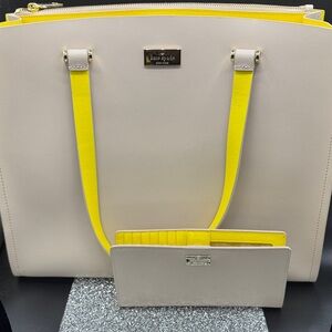 Kate Spade Cream and Yellow Tote with matching wallet! Large !